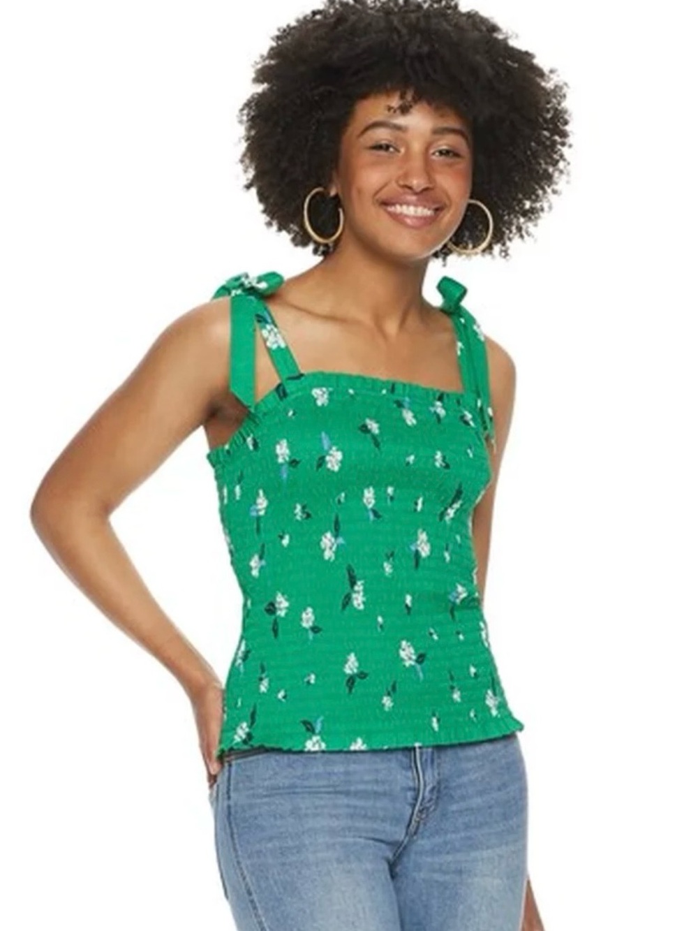 POPSUGAR Green Floral Print size Tie-Shoulder Smocked Cami